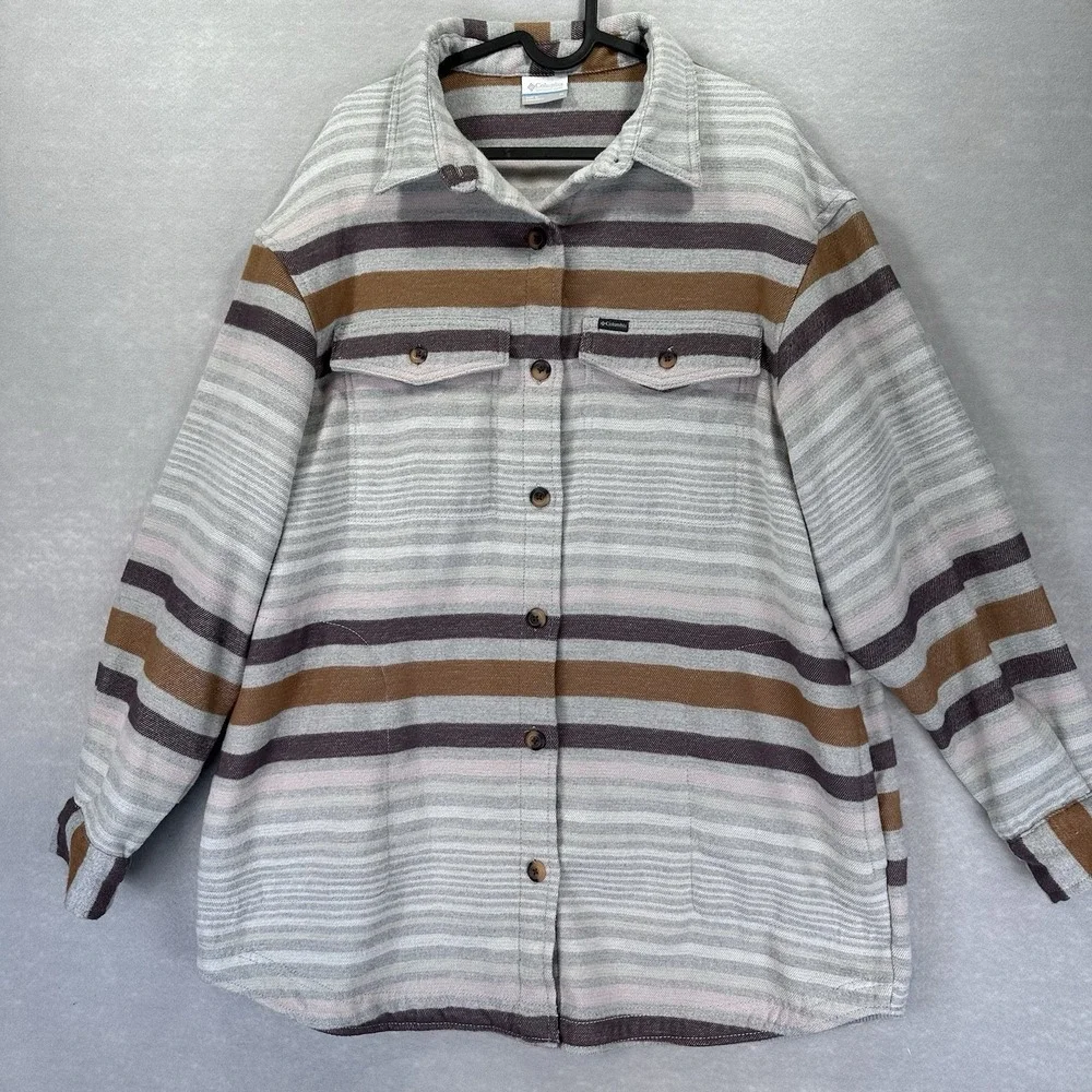 Columbia Calico Basin Women's XL Gray Brown Striped Shirt Jacket Shacket Pockets